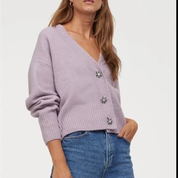 H&M Lilac V-Neck Cardigan With Rhinestone Buttons - Picture 1 of 14